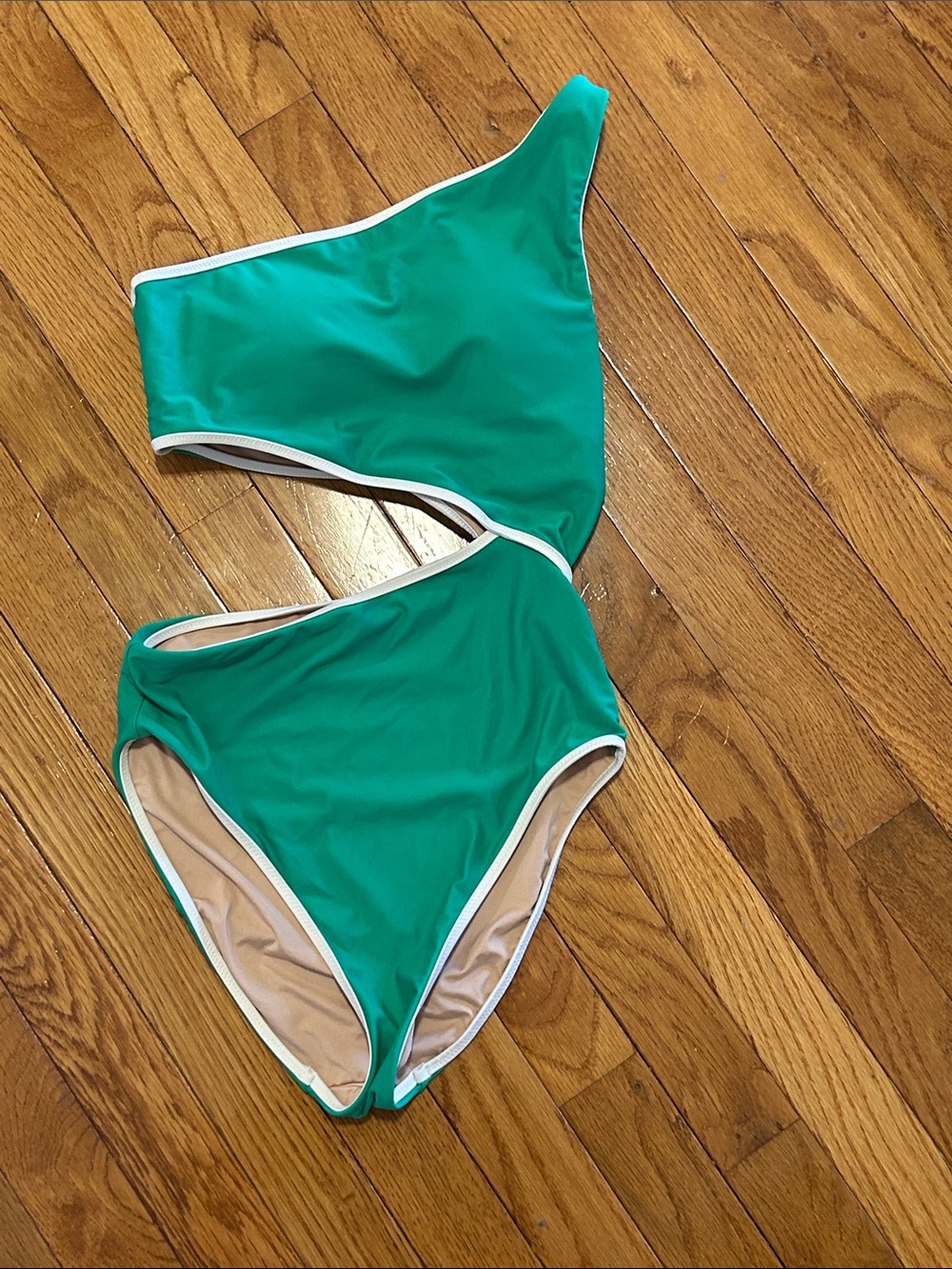 J. Crew Green One-Shoulder Cutout One-Piece Swimsuit with White Trim
